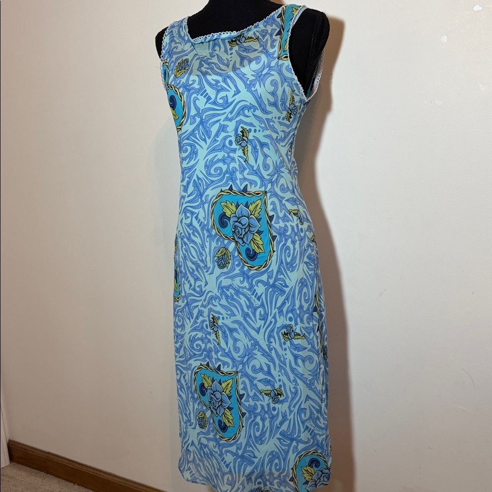 Betsey Johnson Blue & Aqua Swirl Top with White Crochet Trim - Picture 3 of 4